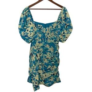 AMUR Floral Ruched Mini Dress Puff Sleeve Blue Size 4 NWOT